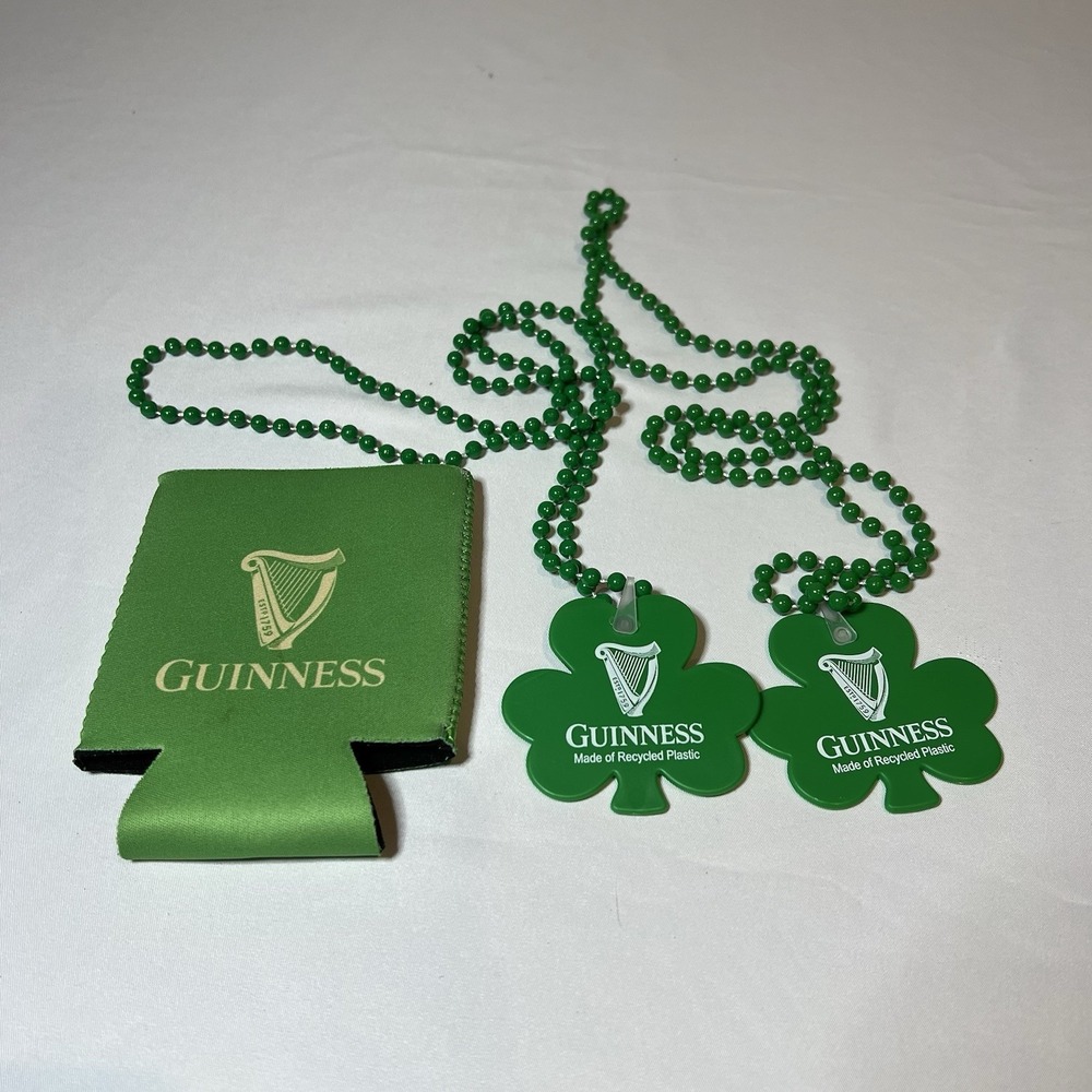 GUINNESS BEER 2 Irish St Patrick Bead Necklace Koozie Shamrock Green Clover NEW